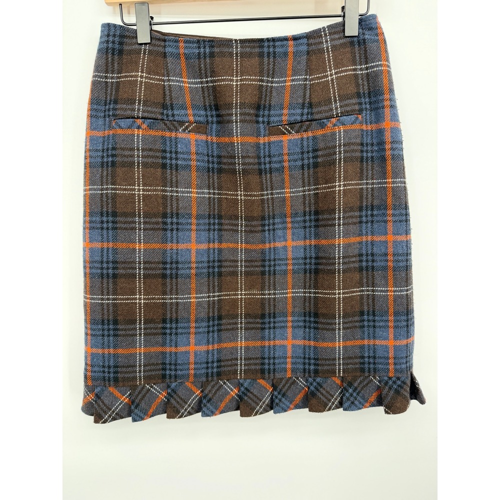 Cabi Plaid Wool Blend Skirt Womens 6 Blue Brown Orange Excellent Pleated Hem 742